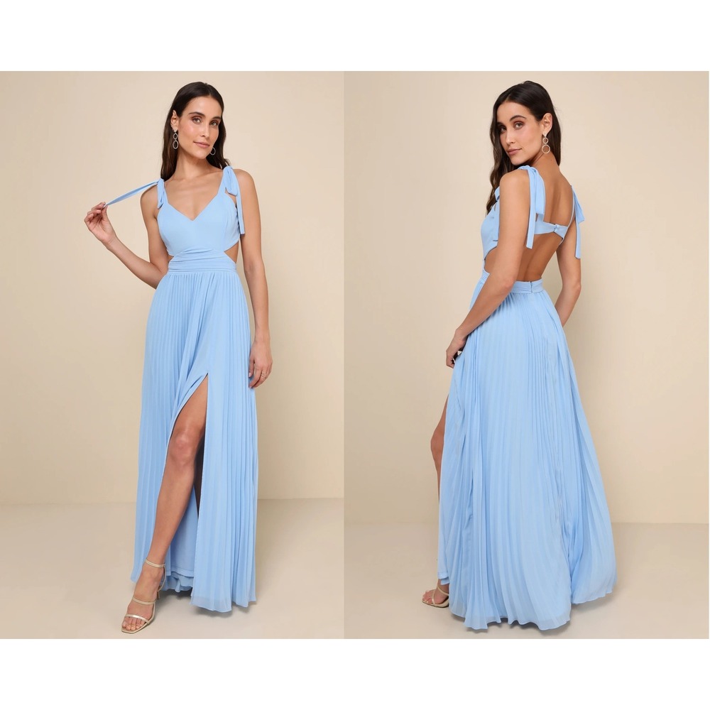 Lulus‎ Celebratory Allure Powder Blue Pleated Backless Maxi Dress Size Medium